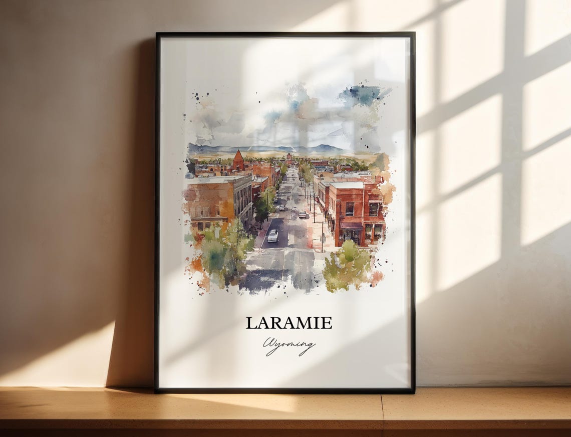 Laramie Wyoming Watercolor Downtown Street Mountain View Poster