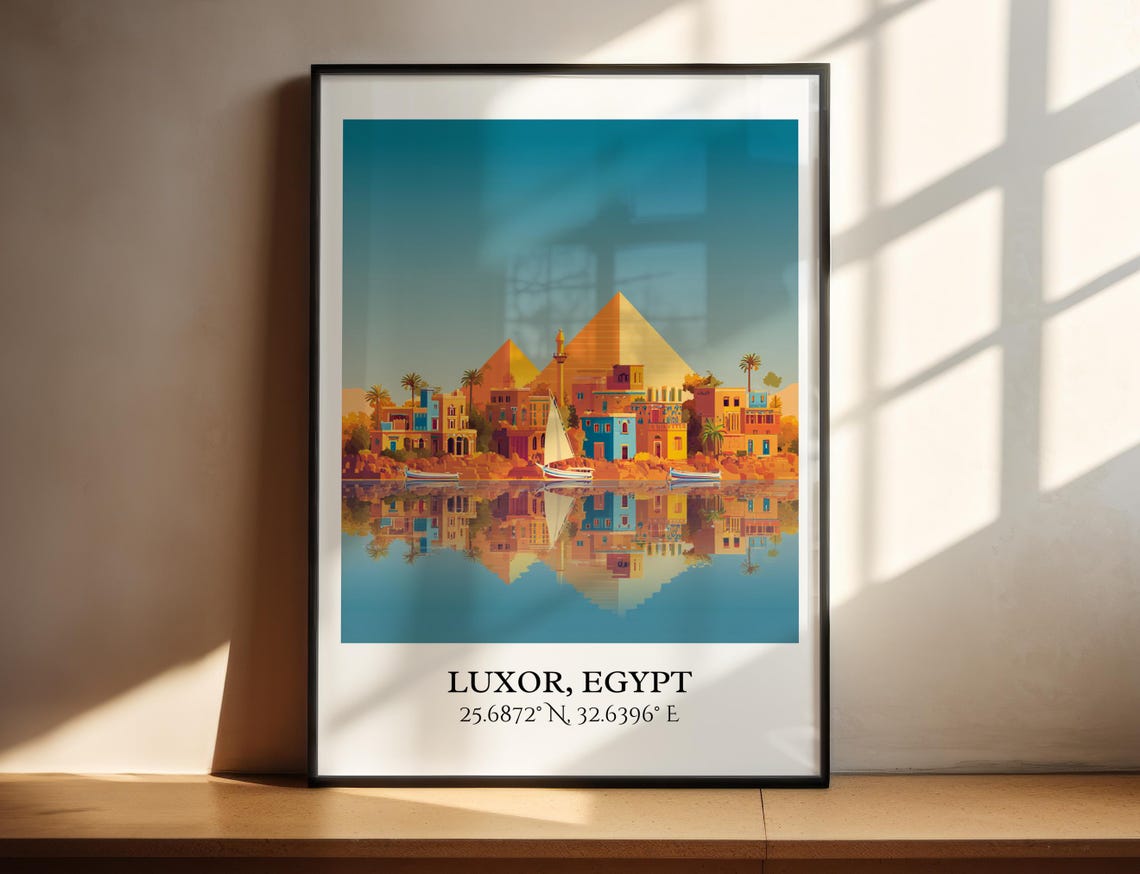 Luxor Egypt Ancient Pyramids Nile Felucca Boats Travel Poster