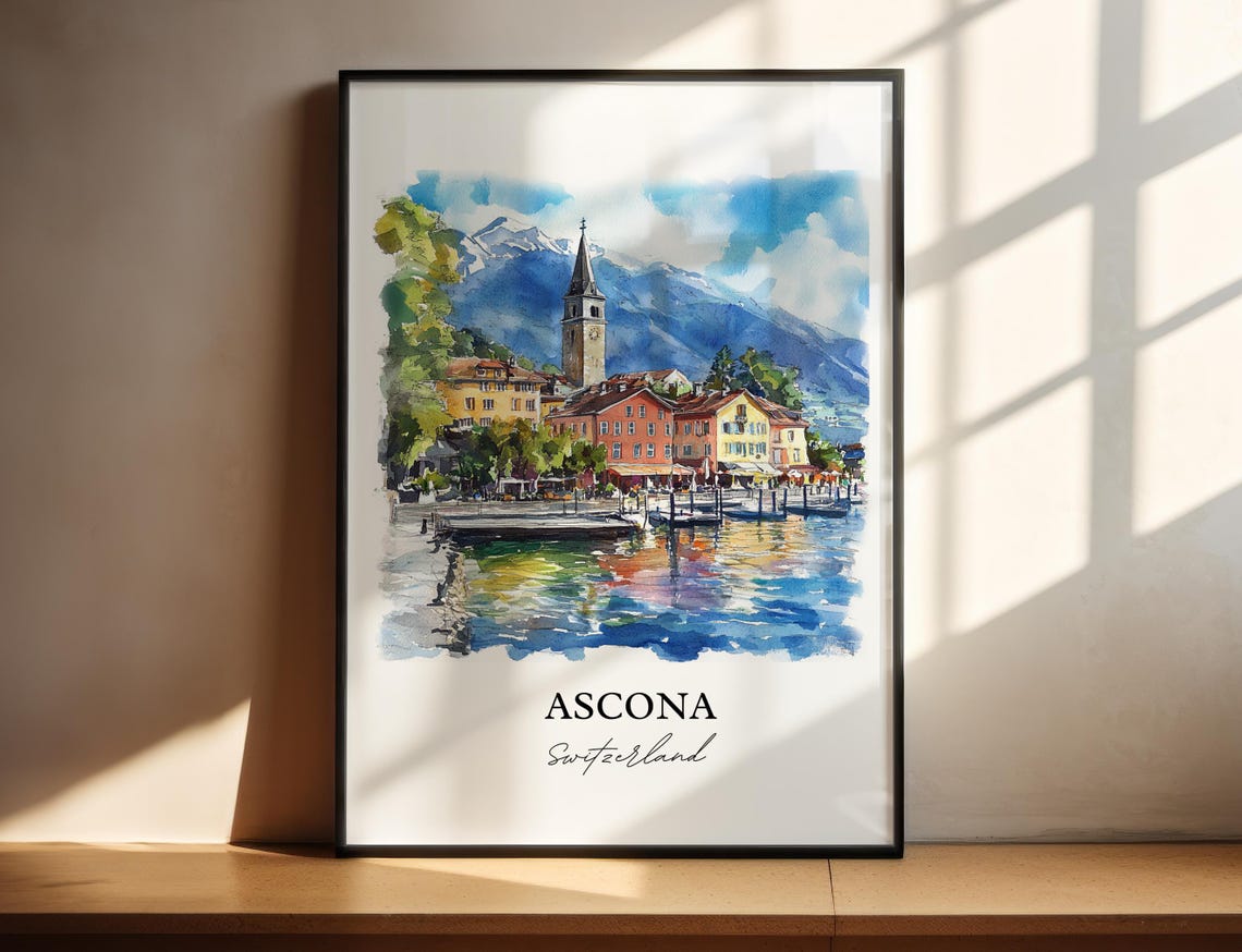 Ascona Switzerland Lakefront Bell Tower Watercolor Travel Poster