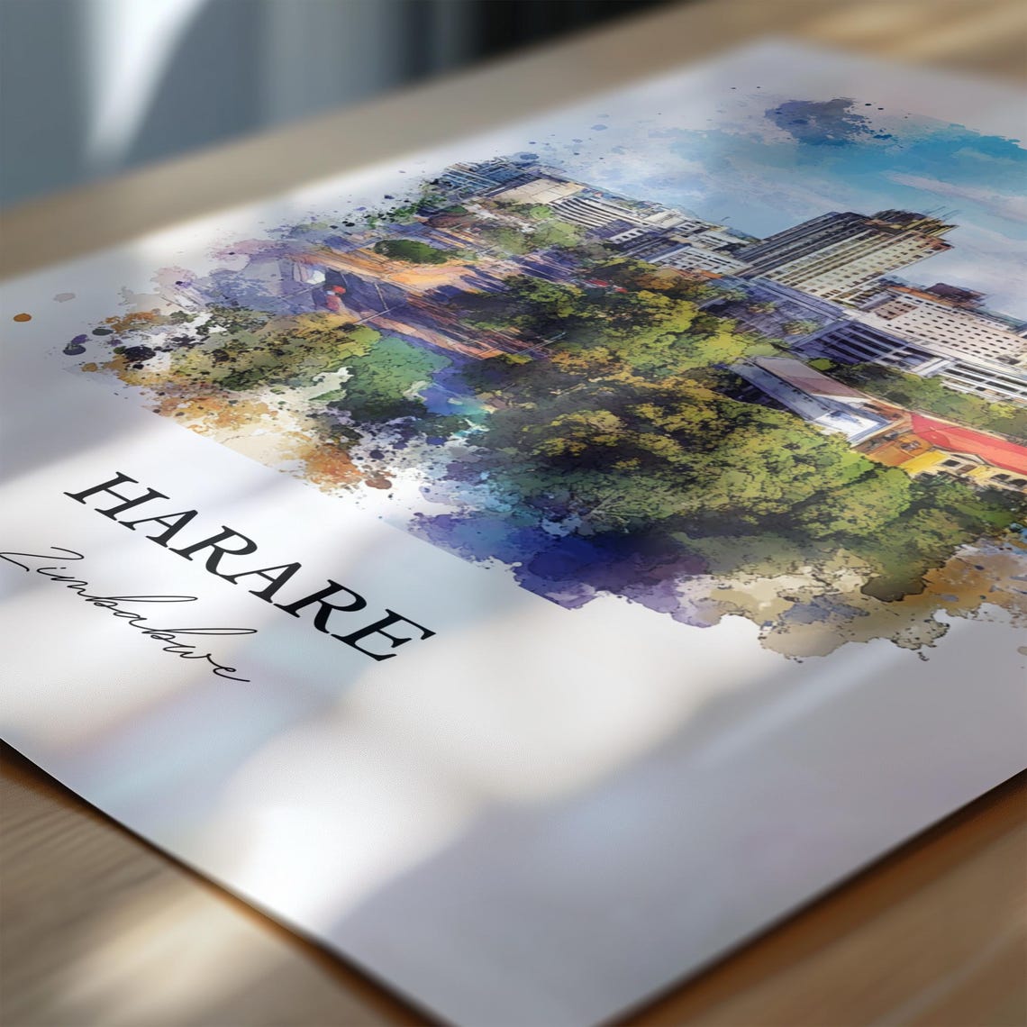 Harare Zimbabwe City Skyline Downtown View Watercolor Poster - Image 6