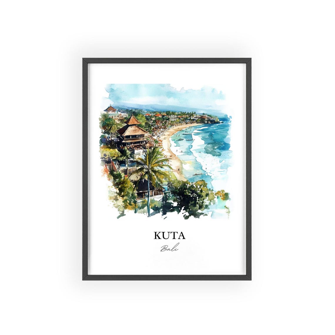 Kuta Bali Watercolor Beach Waves Surf Temple Aerial View Poster - Image 3