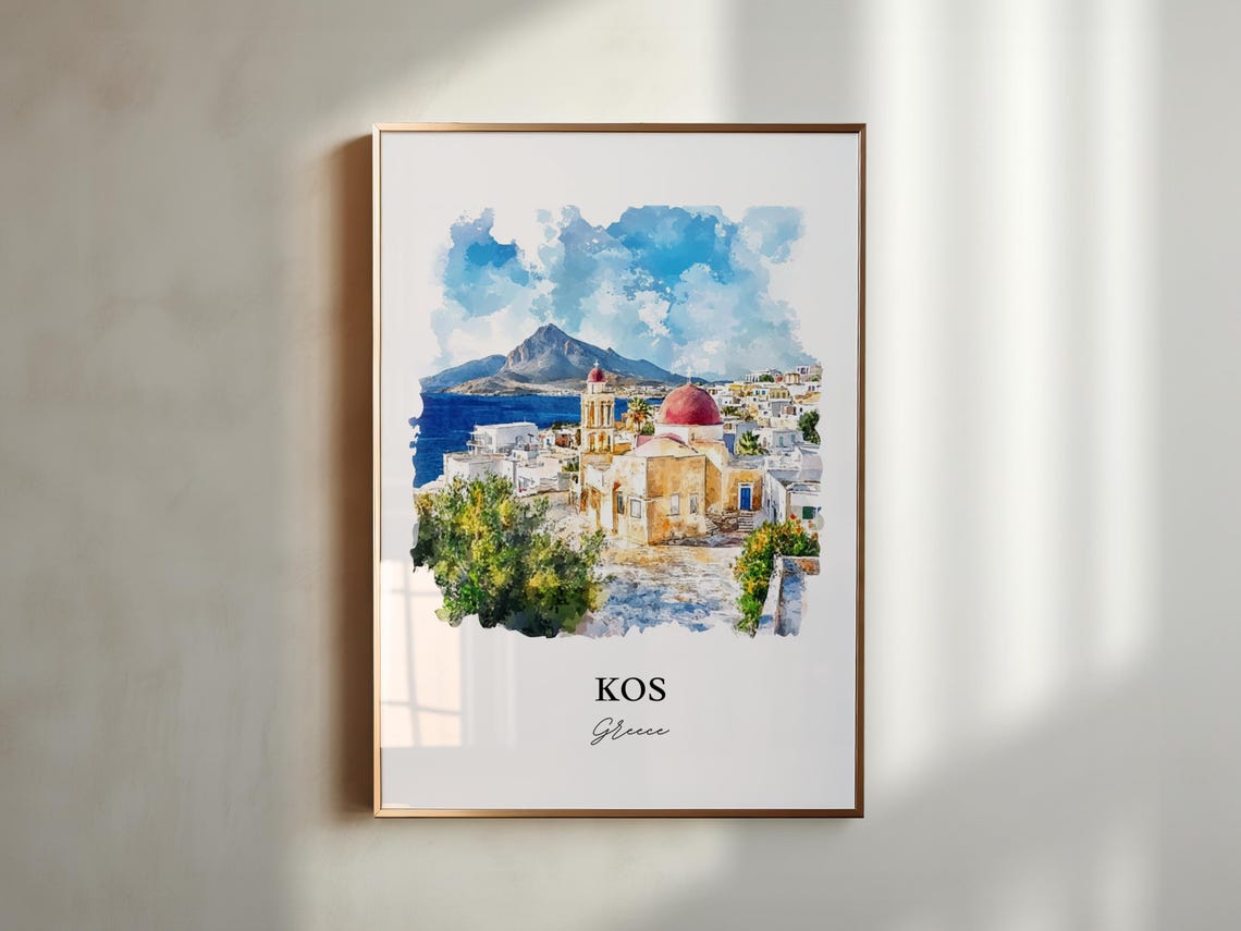 Kos Greece Island Whitewashed Town Dome Church Watercolor Poster - Image 5