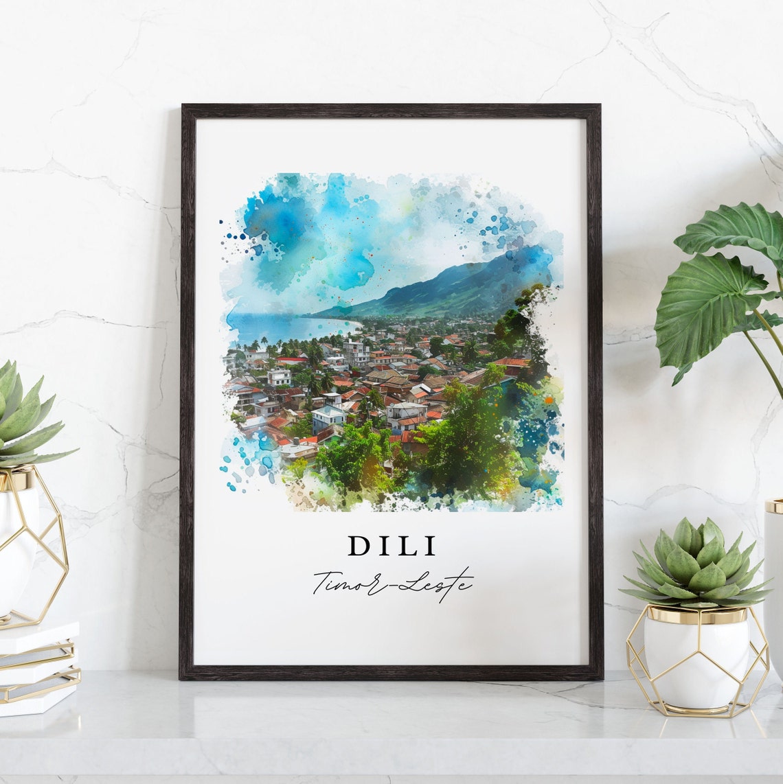 Dili Timor Leste Watercolor Coastal Town Bay View Travel Poster - Image 3
