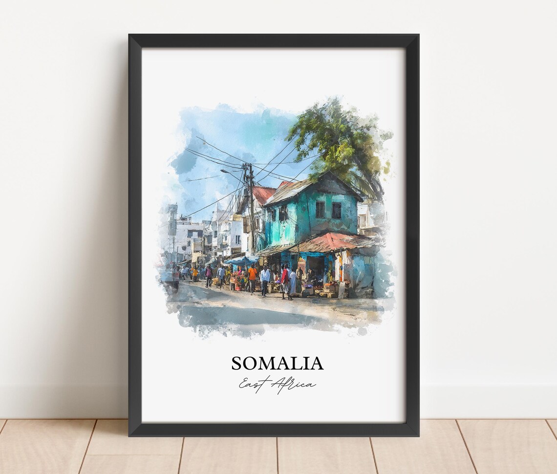 Somalia East Africa Market Street Scene Watercolor Travel Poster - Image 2