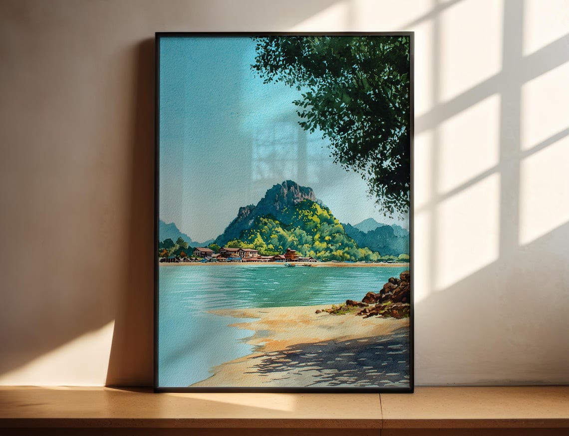Tropical Island Village Watercolor Karst Mountain Scene Poster