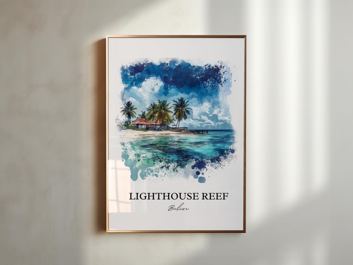 Lighthouse Reef Belize Tropical Island Watercolor Beach Scene Poster - Image 5