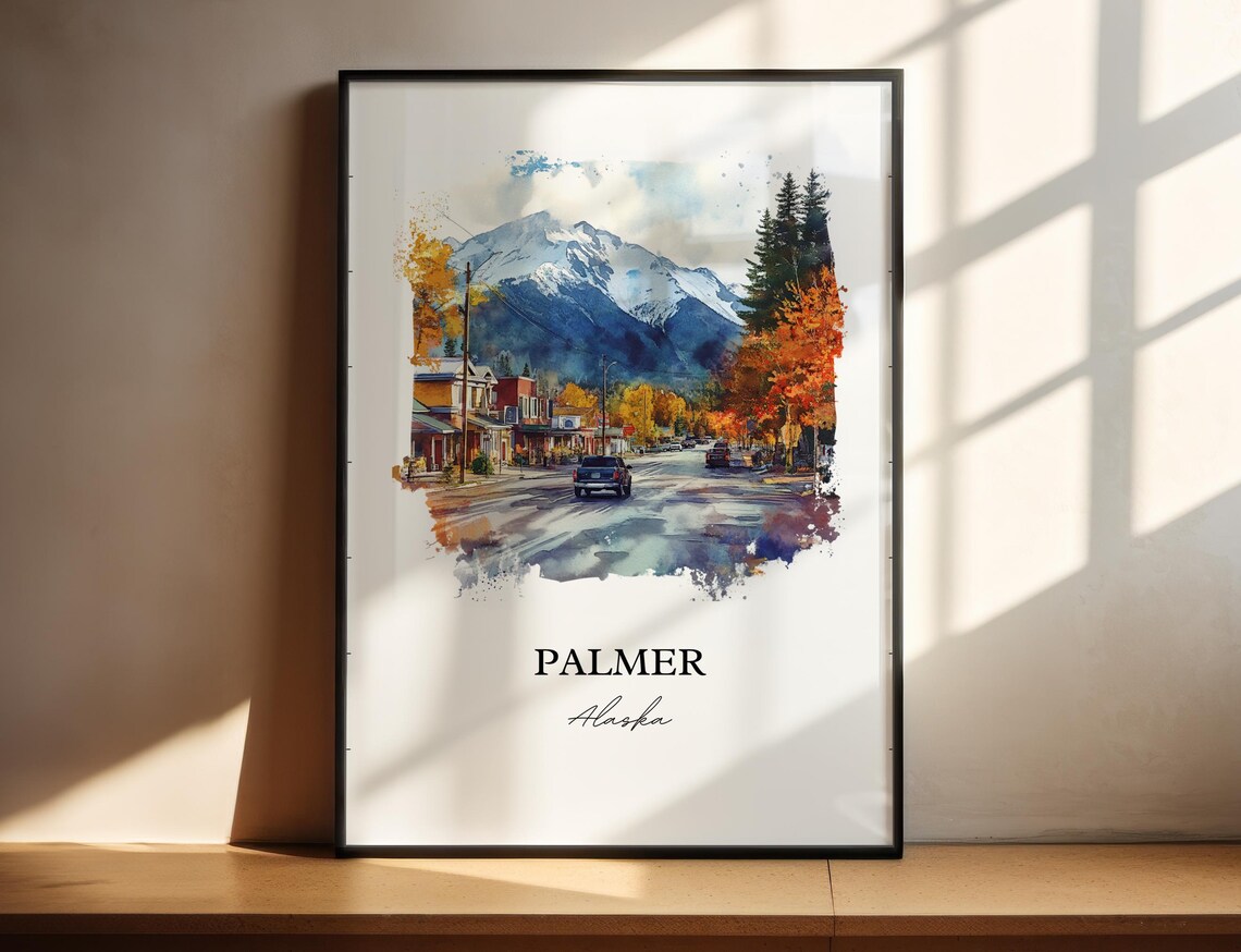Palmer Alaska Mountain Main Street Autumn Watercolor Travel Poster