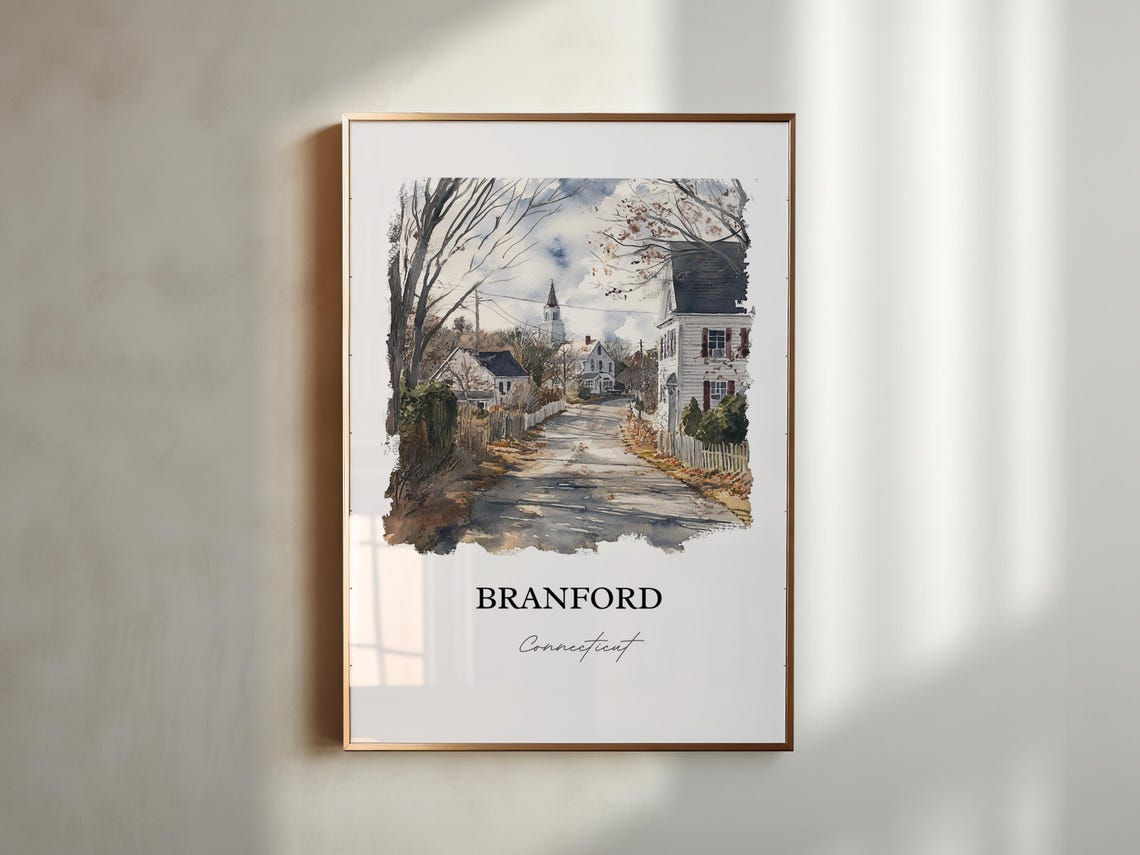 Branford Connecticut Village Street Church Steeple Watercolor Poster - Image 3