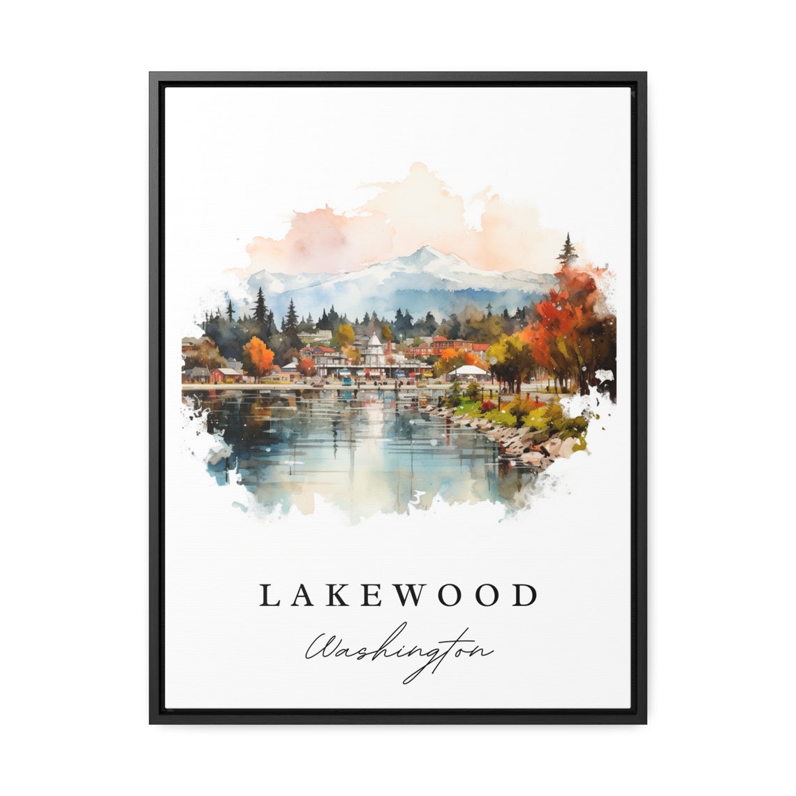 Lakewood Washington Watercolor Lakeside Town Mountain View Poster