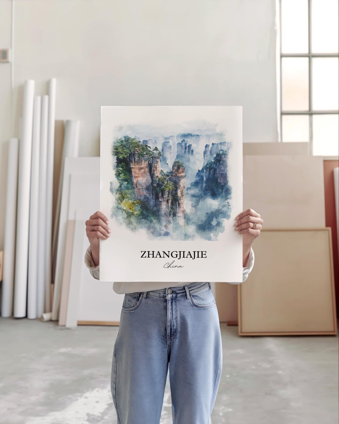 Zhangjiajie China Watercolor Sandstone Pillars Misty Peaks Poster - Image 3