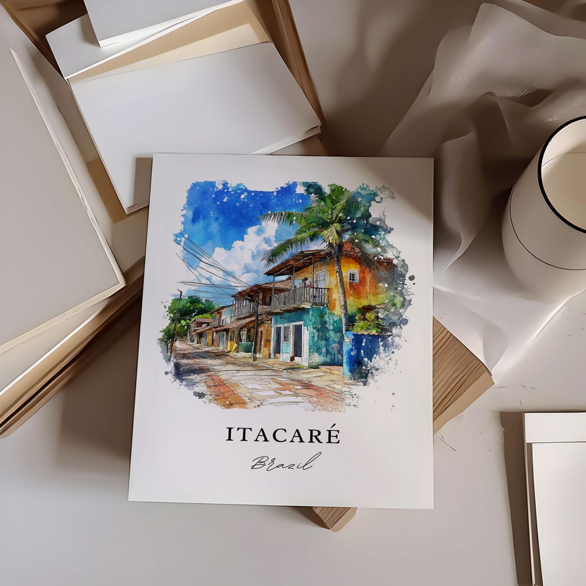Itacare Brazil Watercolor Colorful Colonial Street Palm Poster - Image 6