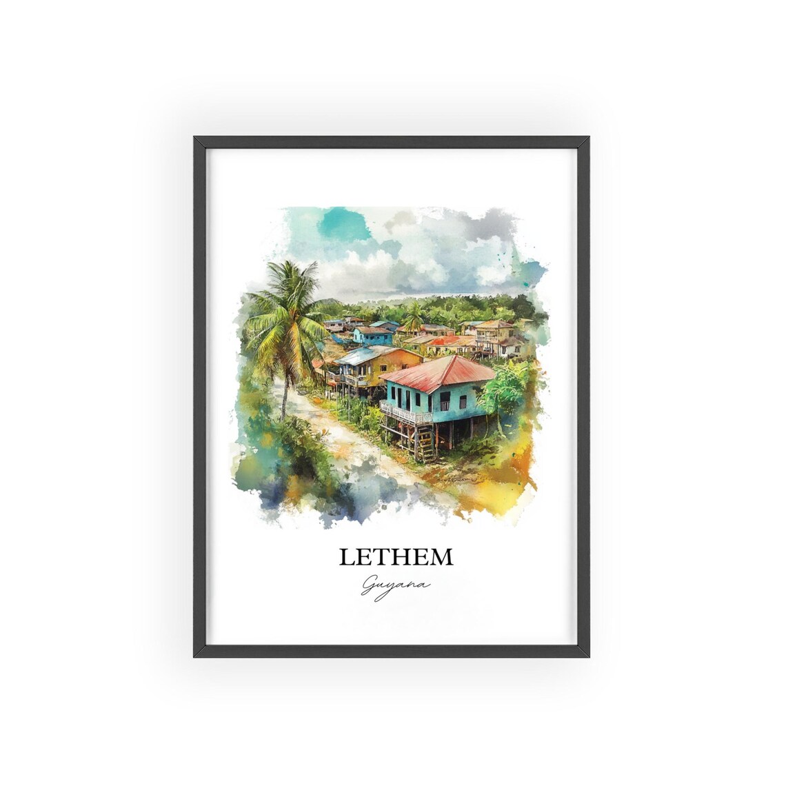 Lethem Guyana Watercolor Stilt Houses Village Tropical Poster - Image 2