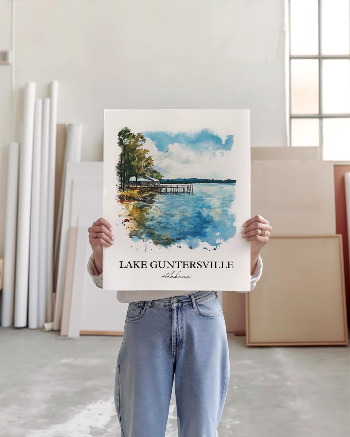 Lake Guntersville Alabama Pine Boathouse Dock Watercolor Poster - Image 4