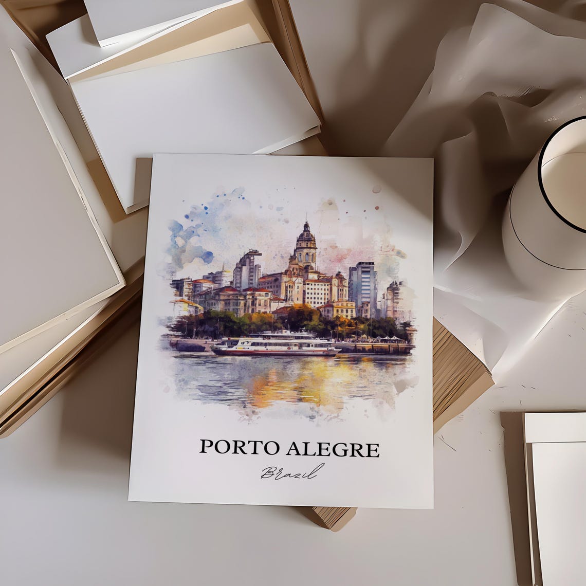Porto Alegre Brazil Watercolor Cathedral River Boat Sunset Poster - Image 3