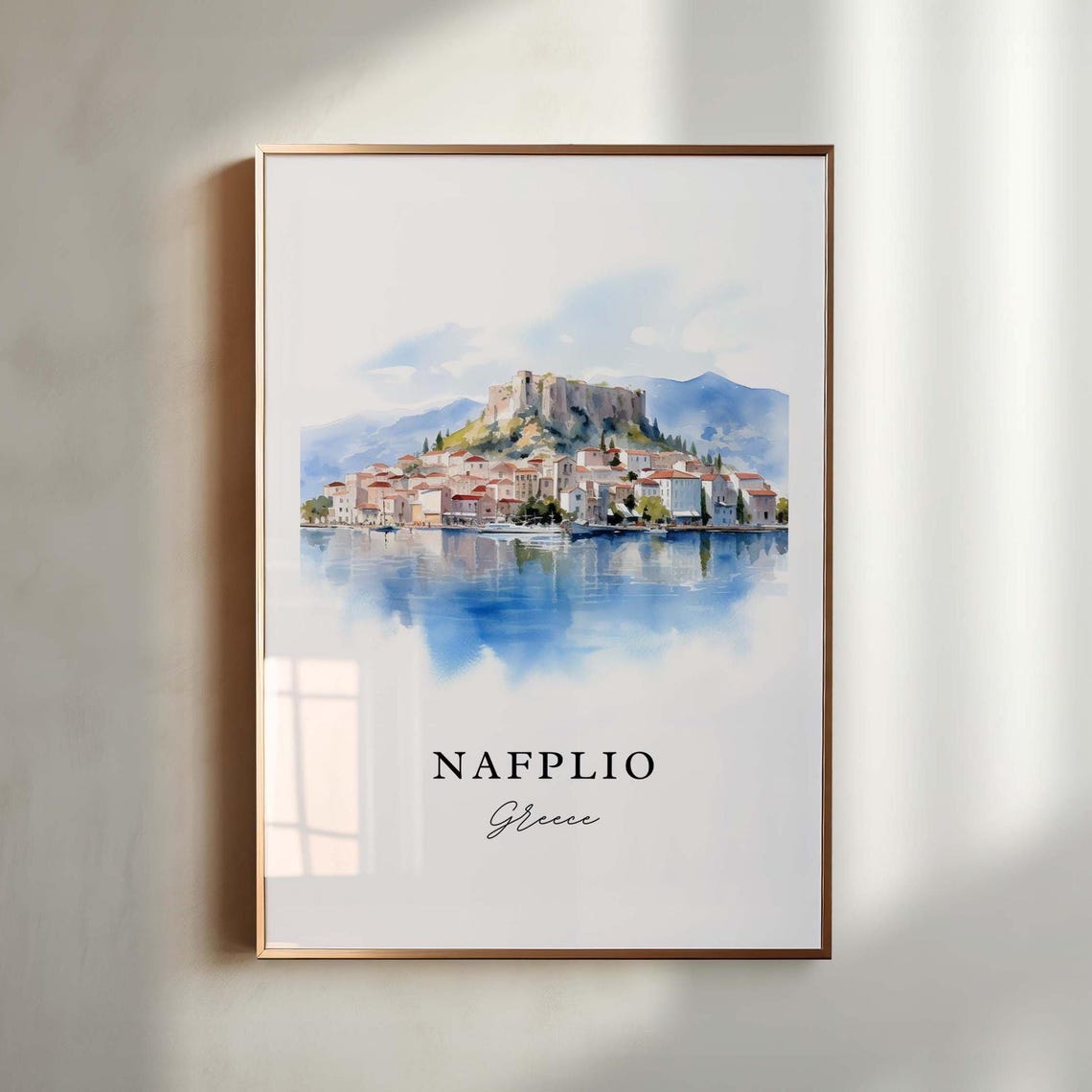 Nafplio Greece Watercolor Waterfront Town Hilltop Fortress View Poster