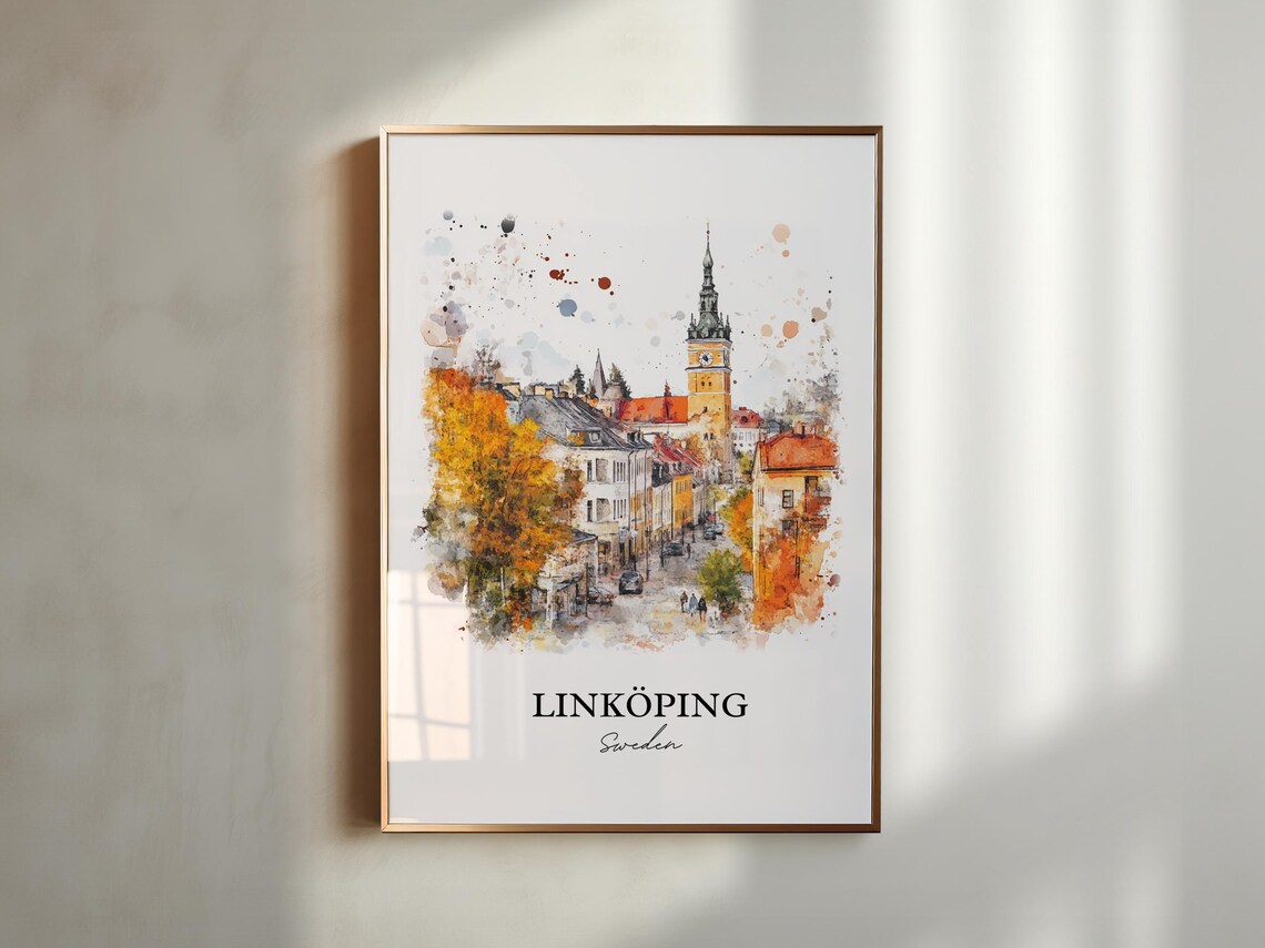 Linkoping Sweden Autumn Old Town Street Watercolor Travel Poster - Image 3