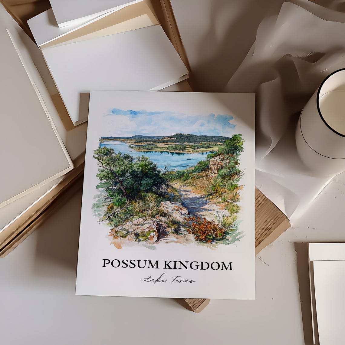Possum Kingdom Lake Texas Rocky Trail Overlook Watercolor Poster - Image 3