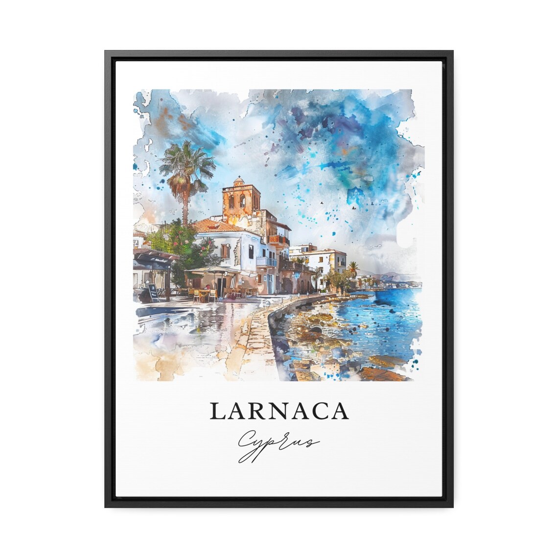 Larnaca Cyprus Sunny Seafront Promenade Watercolor Travel Poster - Image 3