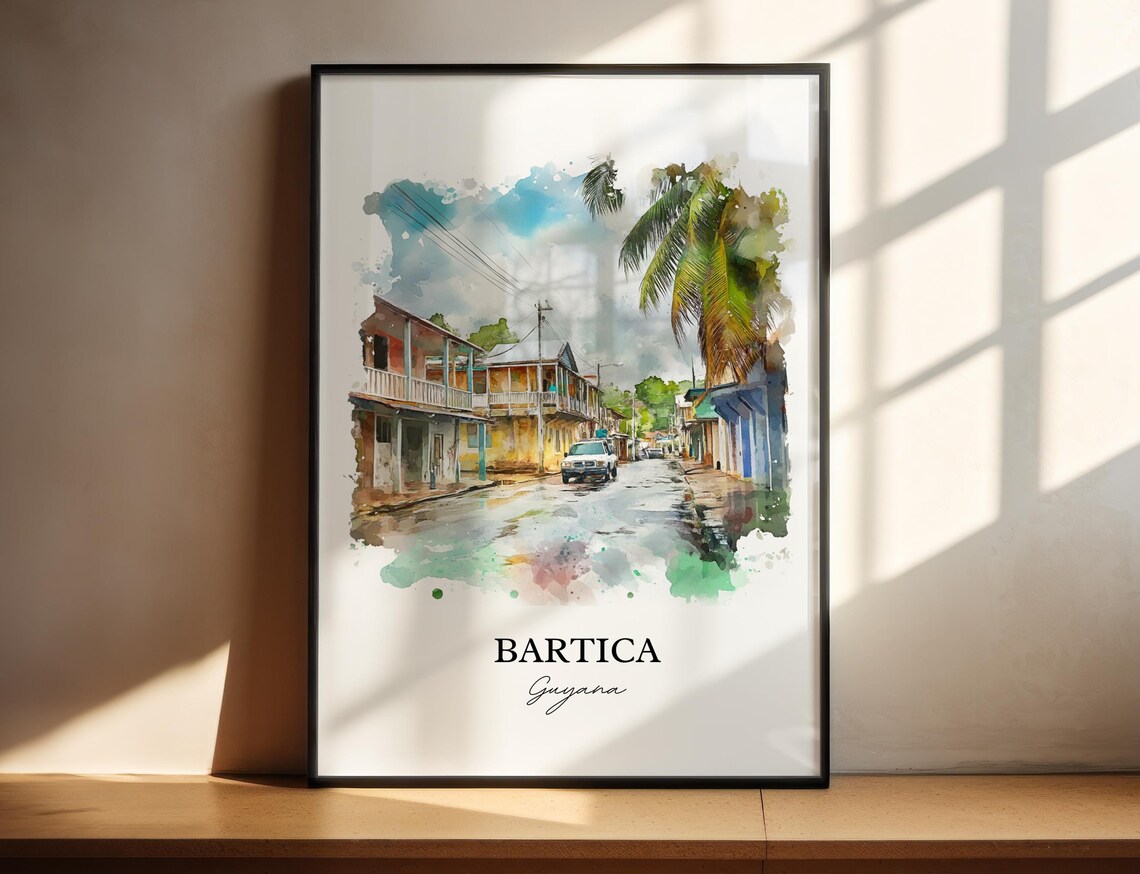 Bartica Guyana Watercolor Tropical Street Palm Houses Scenic Poster