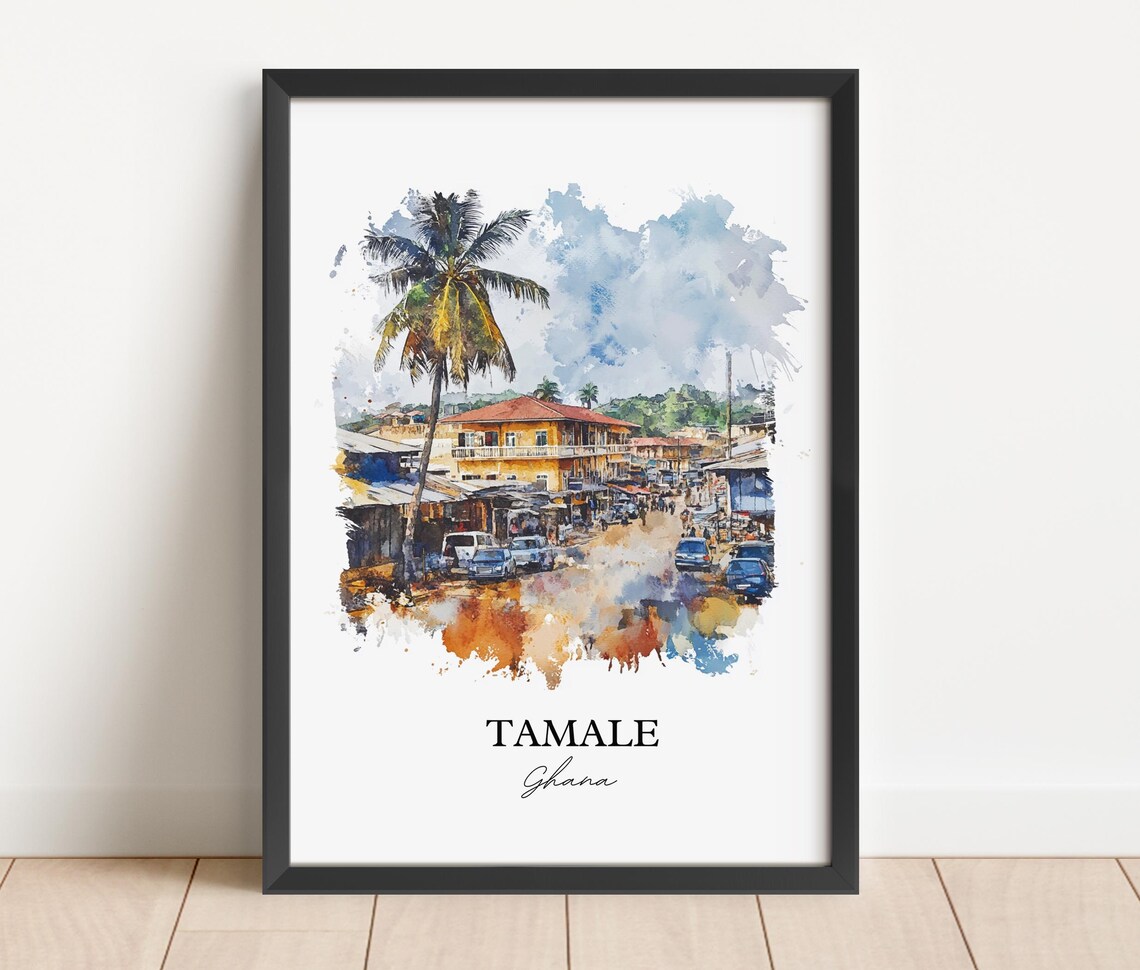 Tamale Ghana African Watercolor Busy Street Palm Scene Poster - Image 3