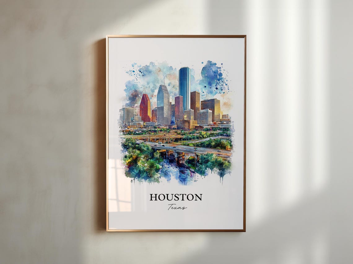Houston Texas Downtown Skyline Watercolor Urban Travel Poster - Image 5