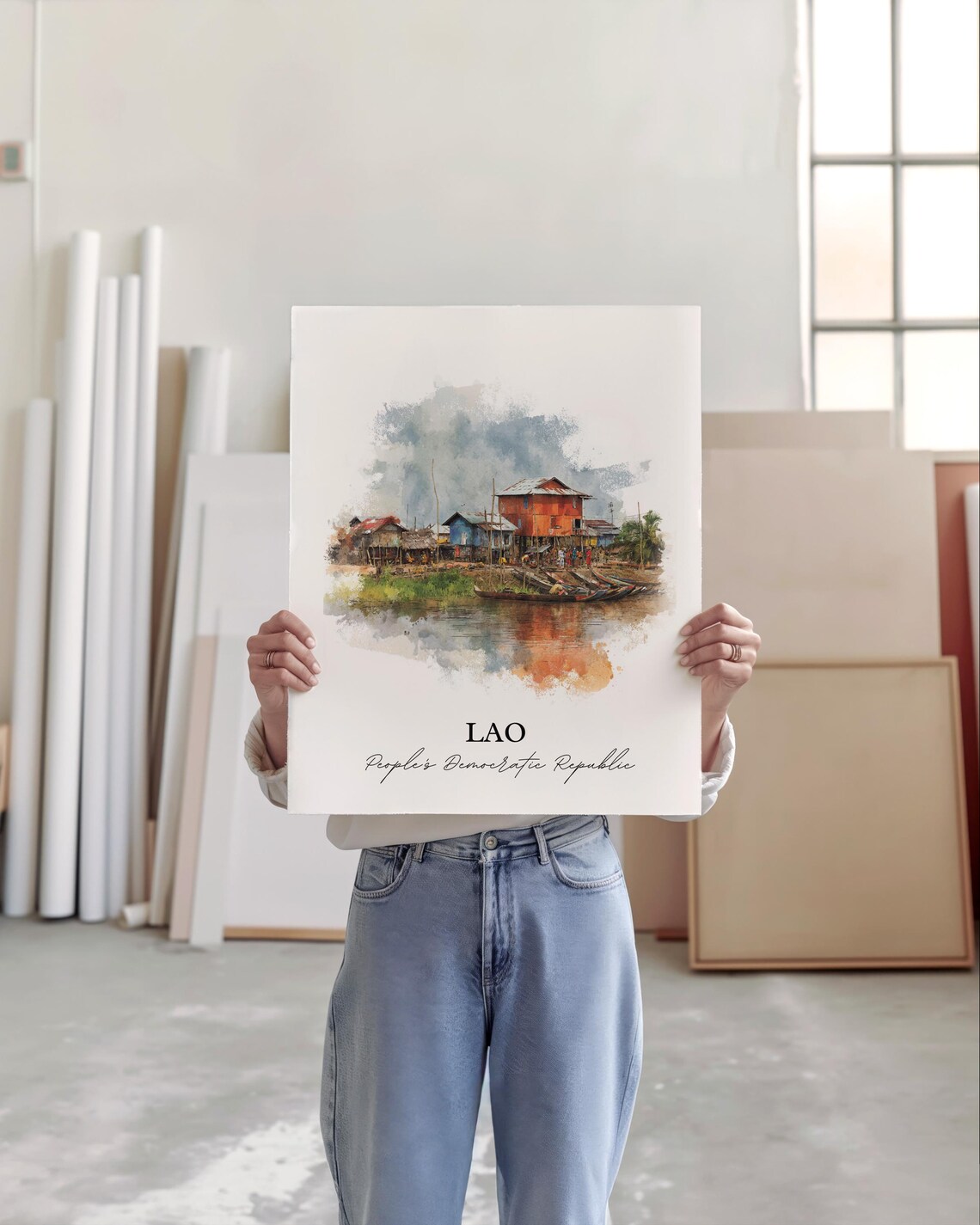 Lao Peoples Democratic Republic Watercolor River Village Travel Poster - Image 4