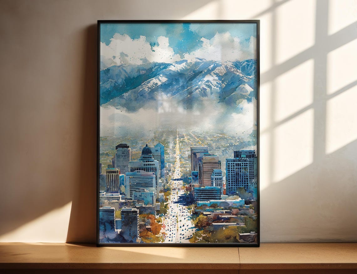 Salt Lake City Watercolor Art Travel Print Artwork Utah Decor Slc Skyline Wall