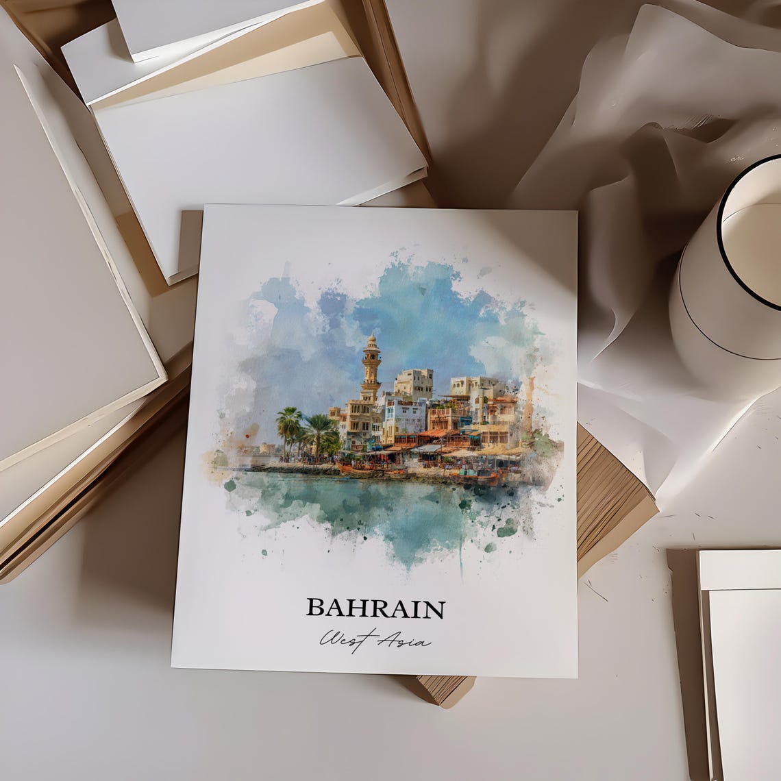 Bahrain West Asia Waterfront Old Town Boats Watercolor Travel Poster - Image 3