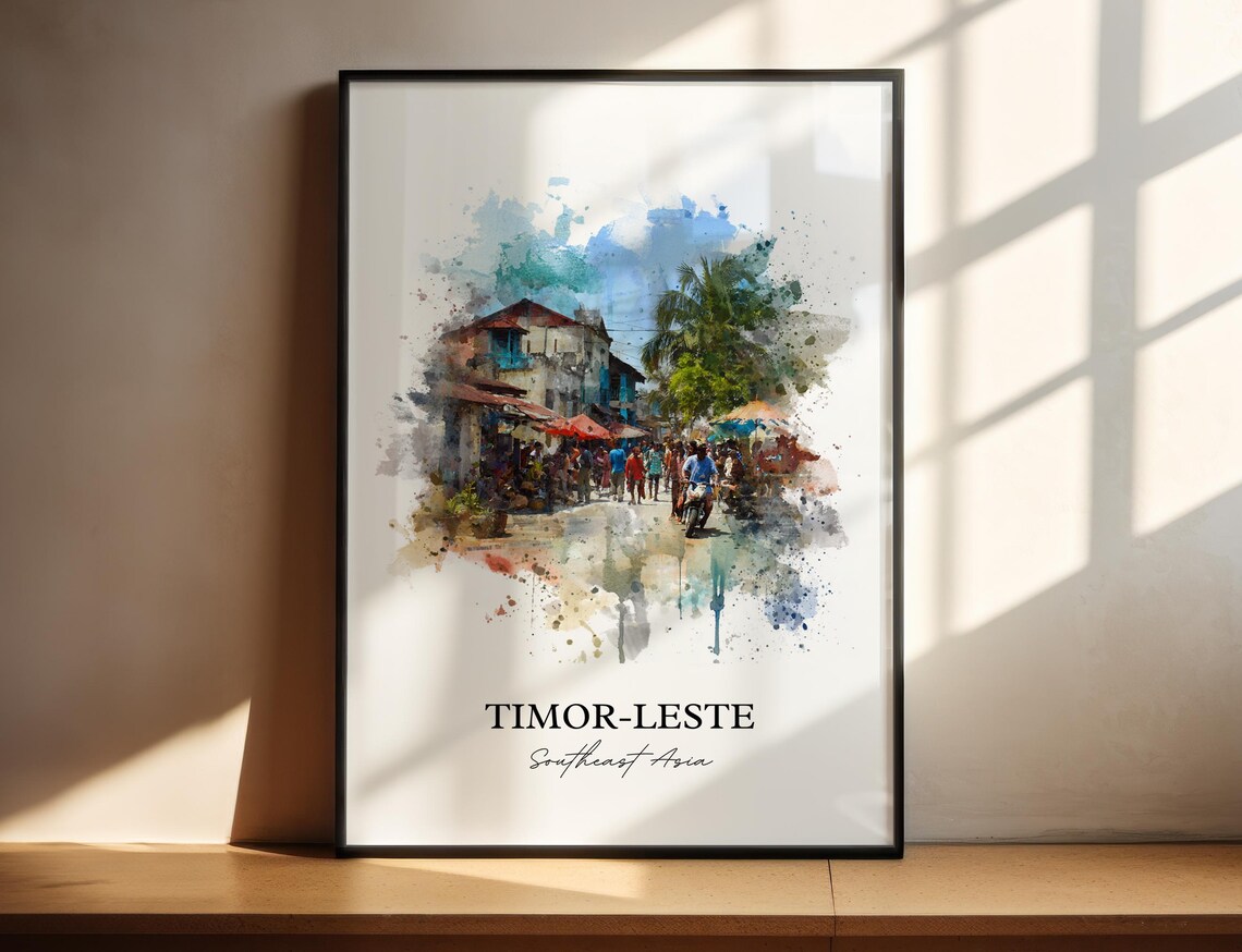 Timor Leste Southeast Asia Watercolor Art Busy Street Market Poster