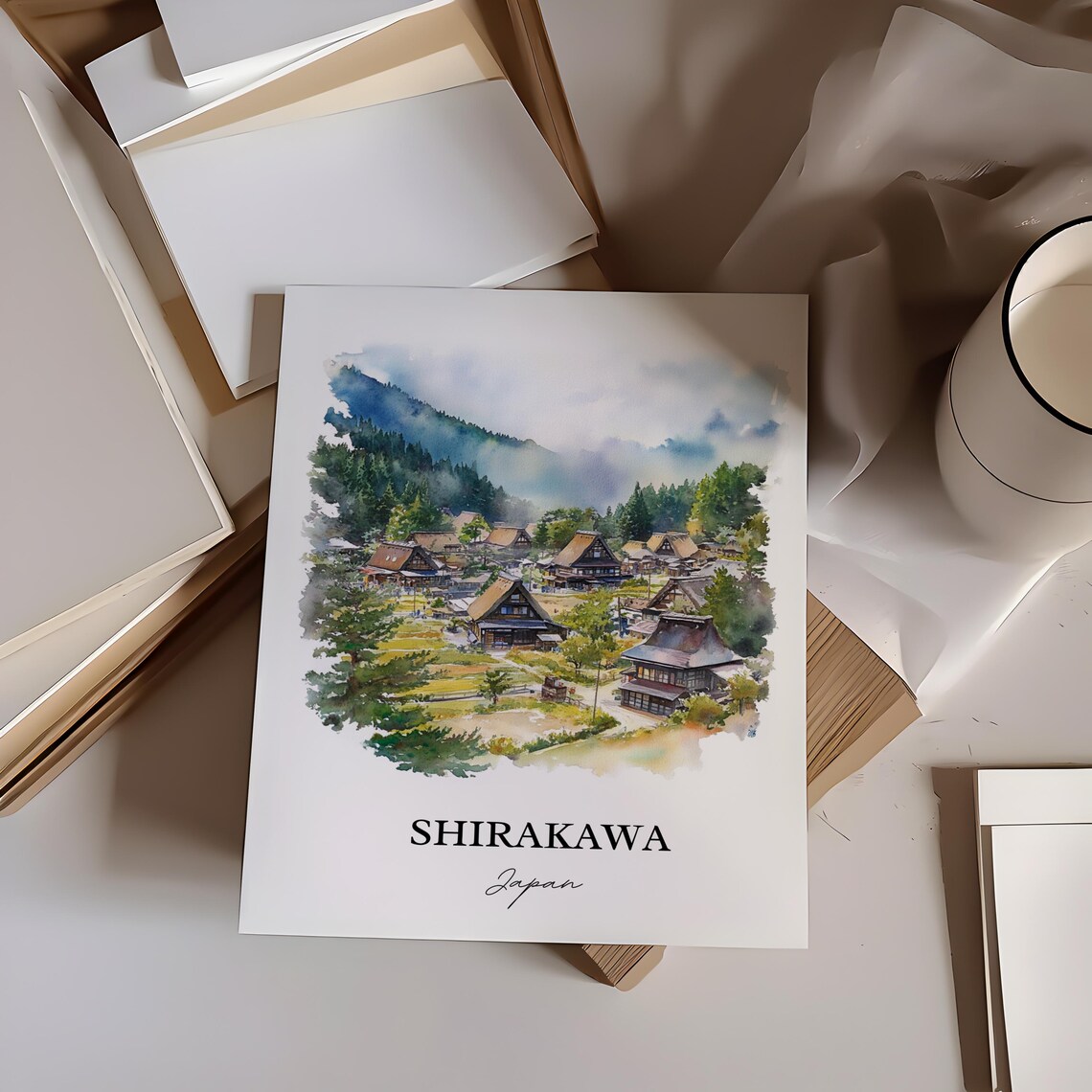 Shirakawa Japan Watercolor Thatched Roof Village Mountain Poster - Image 2