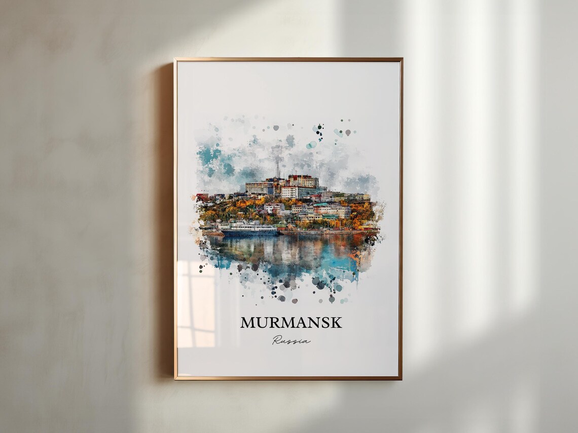 Murmansk Russia Watercolor Harbor City Arctic Scene Travel Poster - Image 5