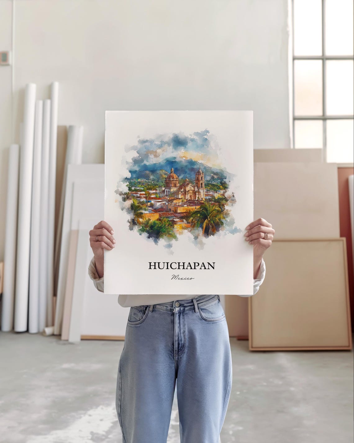 Huichapan Mexico Domed Church Palm Trees Watercolor Scenic Poster - Image 4