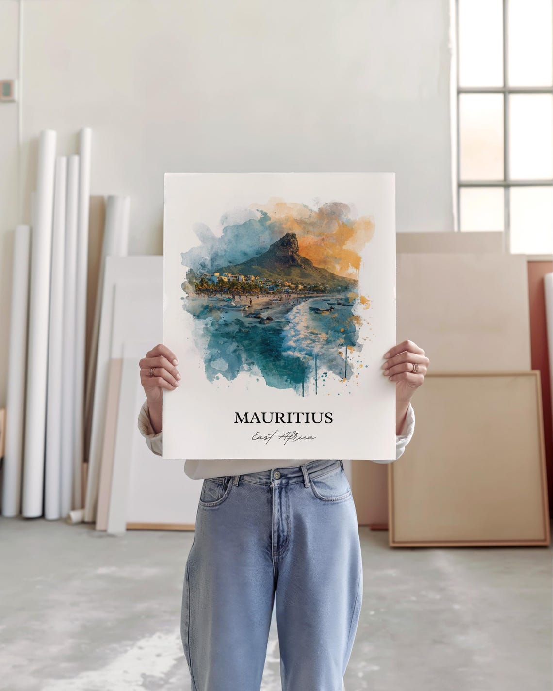 Mauritius East Africa Mountain Beach Coast Watercolor Travel Poster - Image 4