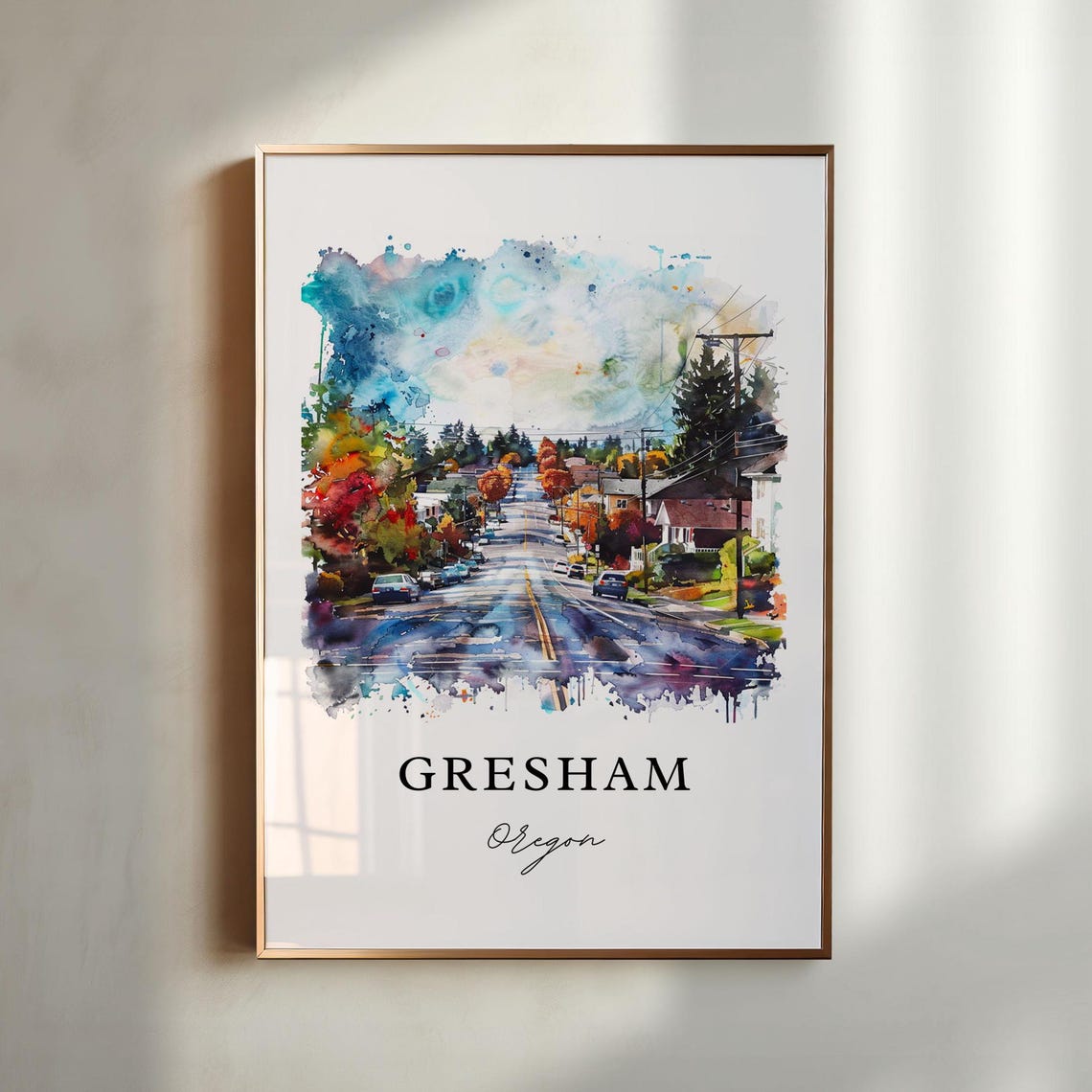 Gresham Oregon Autumn Street Rain Watercolor Pacific Northwest Poster
