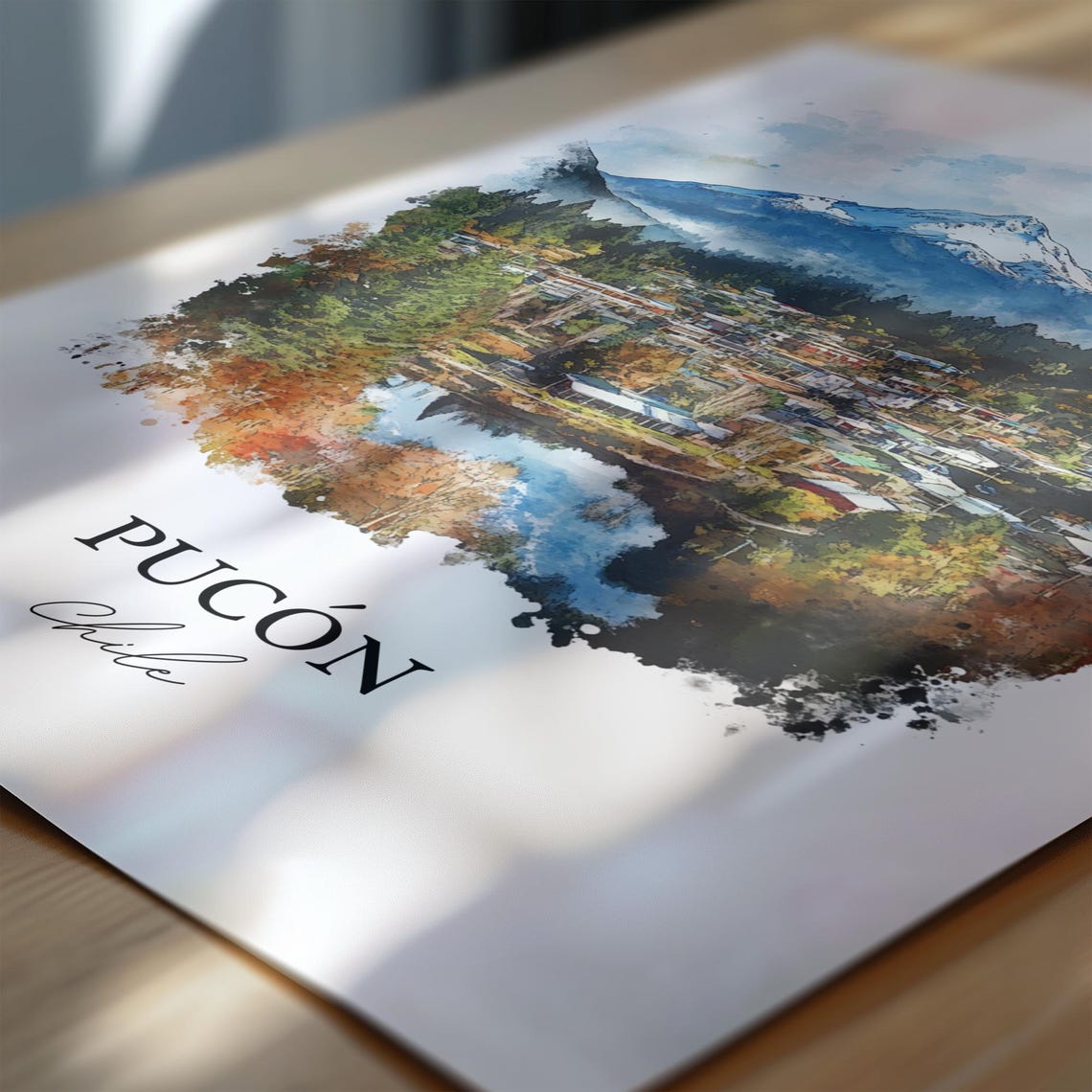 Pucon Chile Watercolor Snow Capped Volcano Lake Town Travel Poster - Image 6