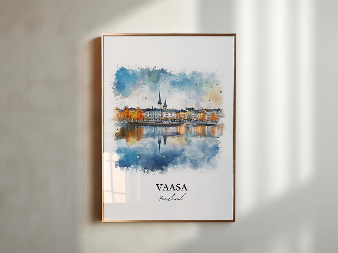 Vaasa Finland Waterfront City Watercolor Reflection Skyline Art Poster - Image 4