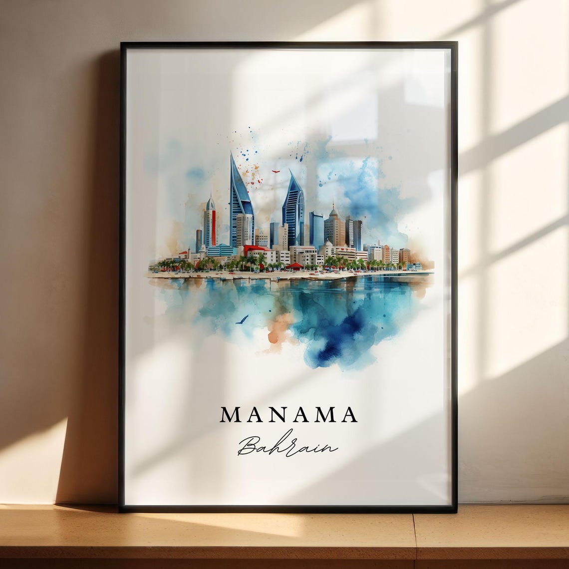 Manama Bahrain Watercolor Art Waterfront Skyscraper Skyline Poster - Image 4