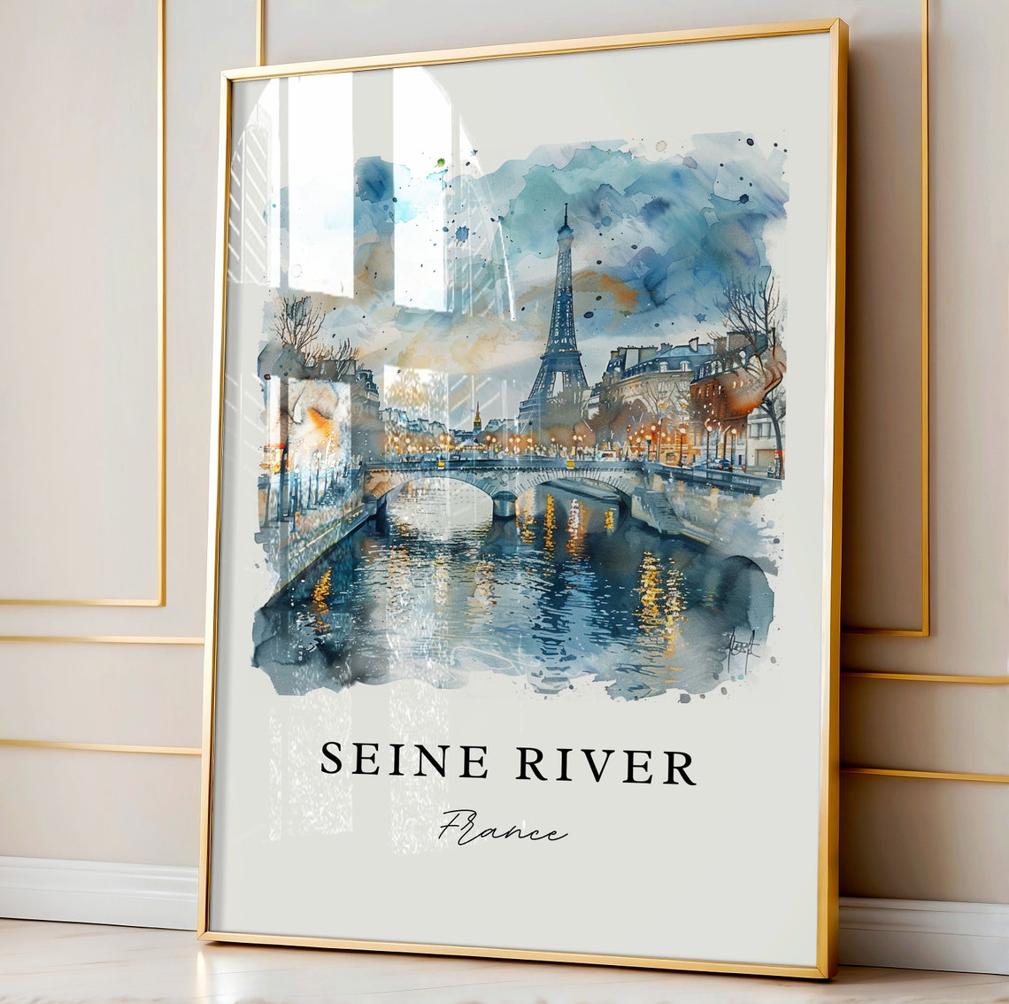 Seine River France Watercolor Bridge Eiffel Tower Lights Poster - Image 3
