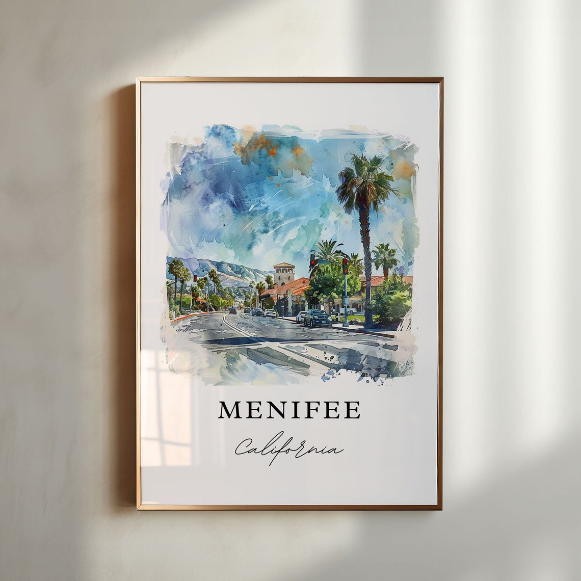 Menifee California Watercolor Palm Tree Street Bell Tower Poster