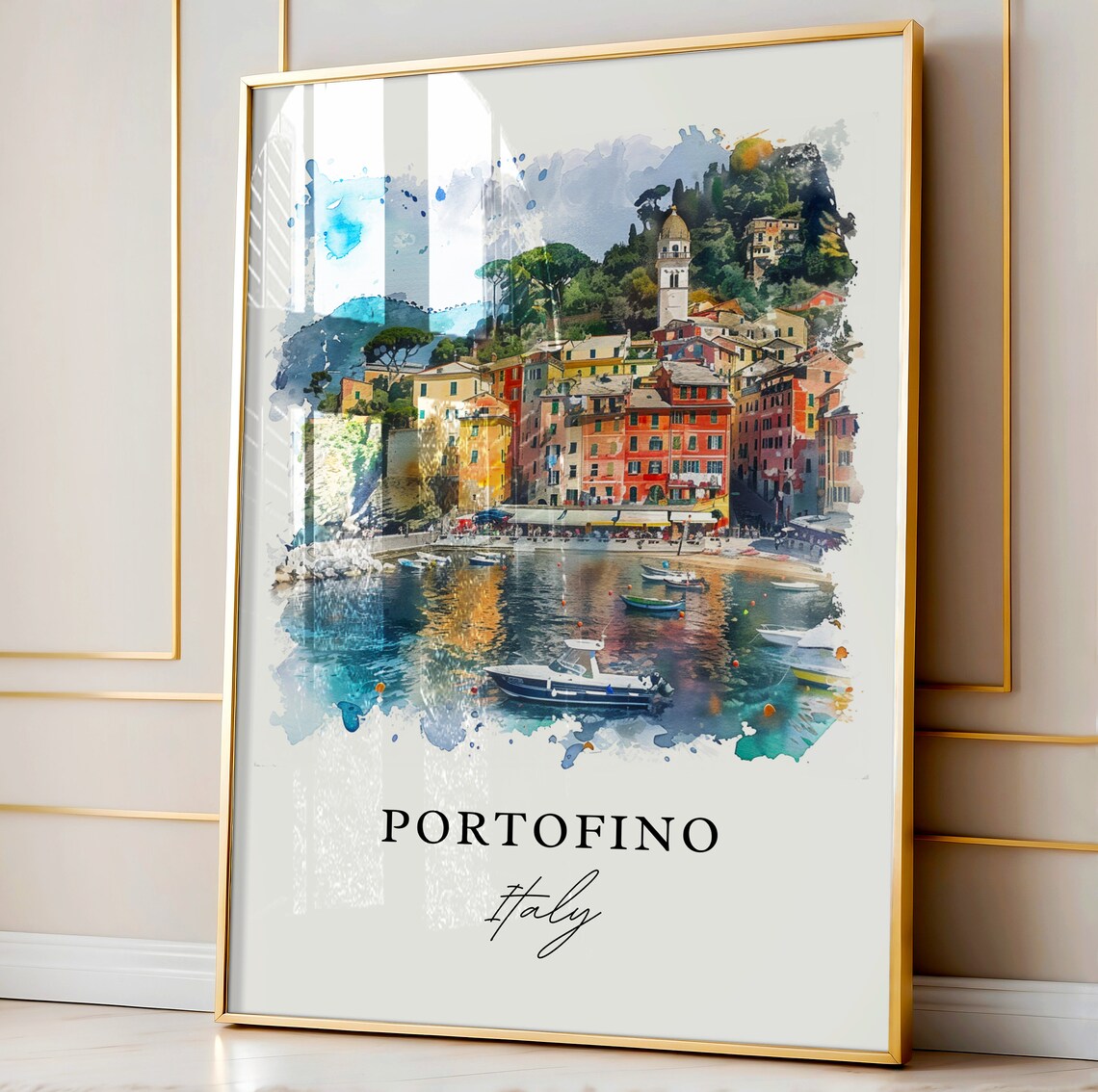 Portofino Italy Harbor Village Boats Watercolor Travel Poster - Image 4