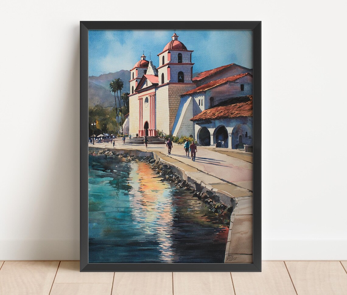 Santa Barbara Mission Waterfront Watercolor Palm Trees Ocean Poster