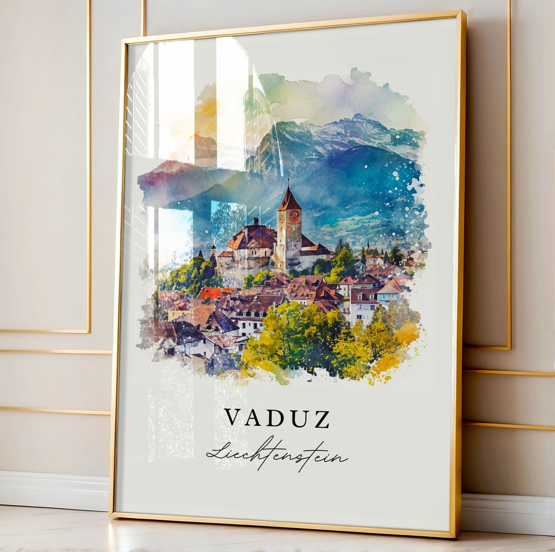 Vaduz Liechtenstein Alpine Castle Town Watercolor Travel Poster - Image 4