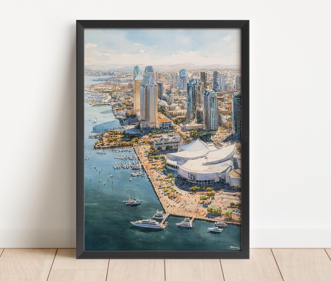 San Diego Watercolor Art Travel Print Ca Artwork Skyline Decor Wall