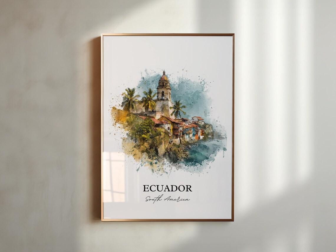 Ecuador Watercolor Coastal Village Hilltop Church Travel Poster - Image 4