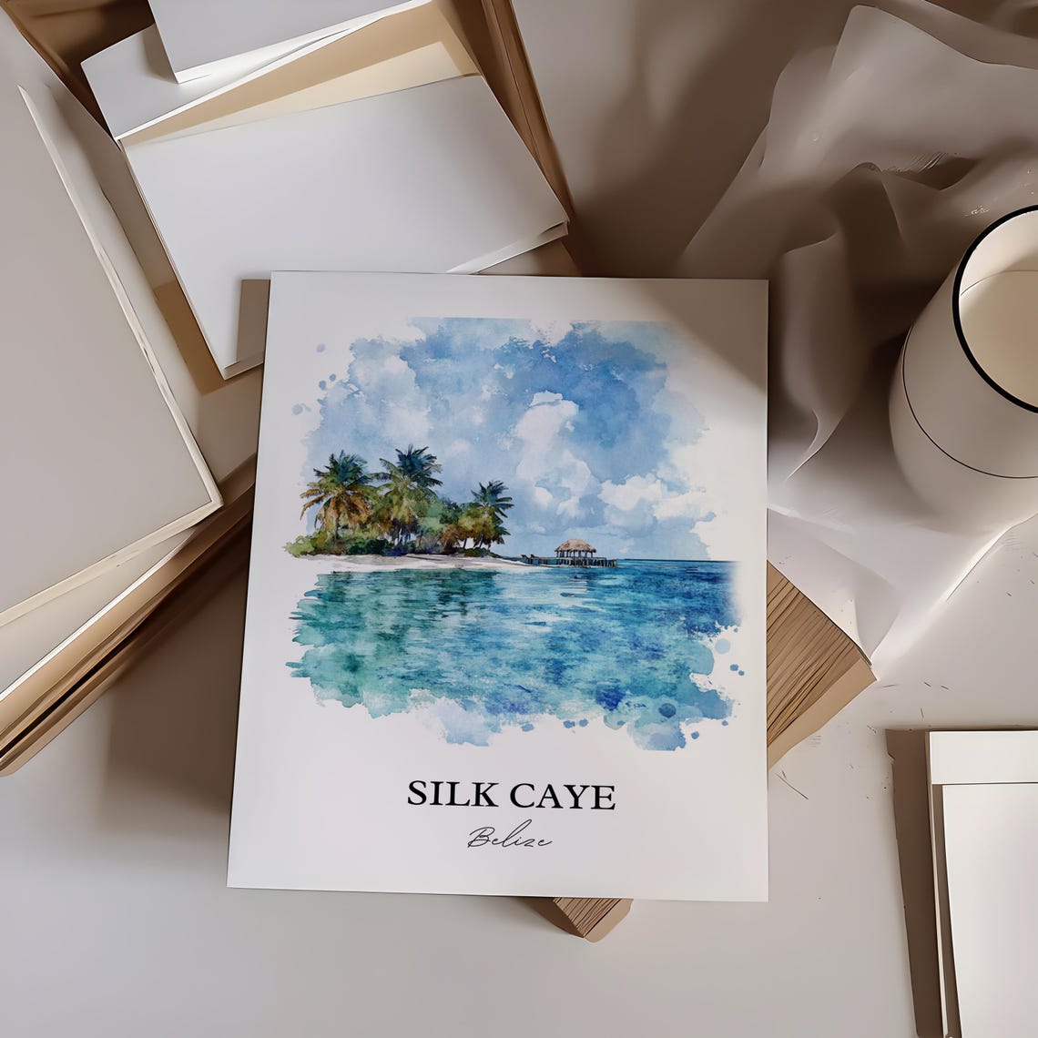 Silk Caye Belize Tropical Island Watercolor Ocean Beach Scene Poster - Image 3