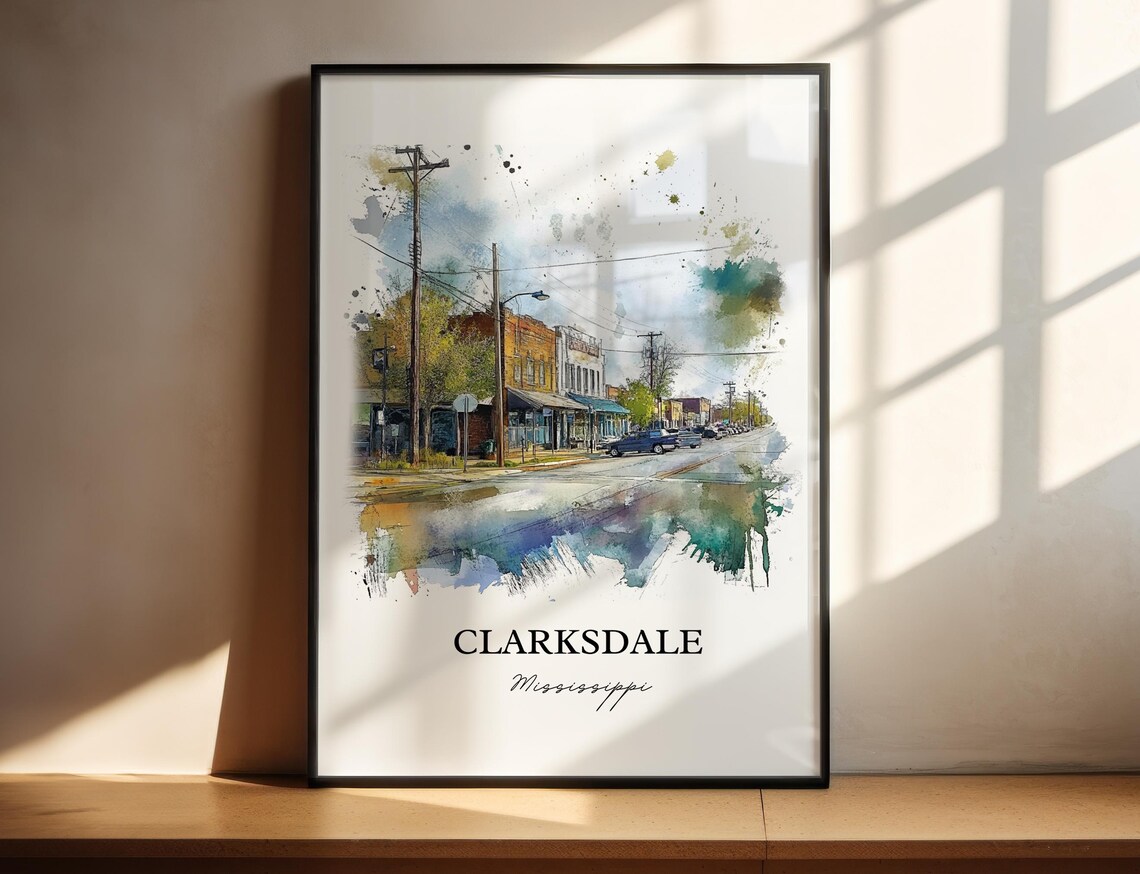 Clarksdale Mississippi Small Town Main Street Watercolor Poster