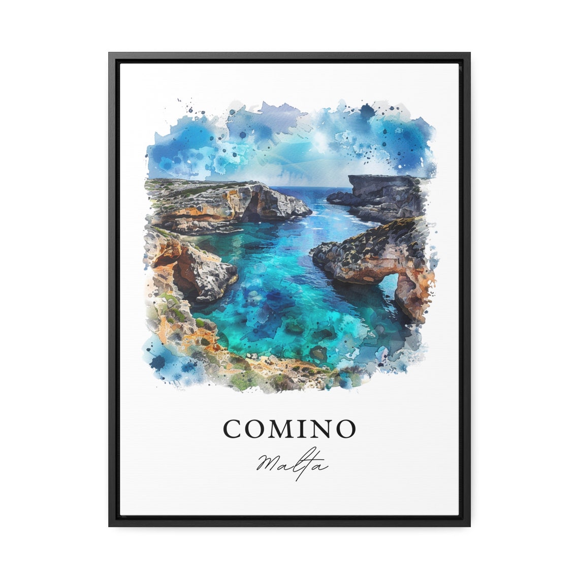 Comino Malta Turquoise Lagoon Cove Island Watercolor Travel Poster - Image 3