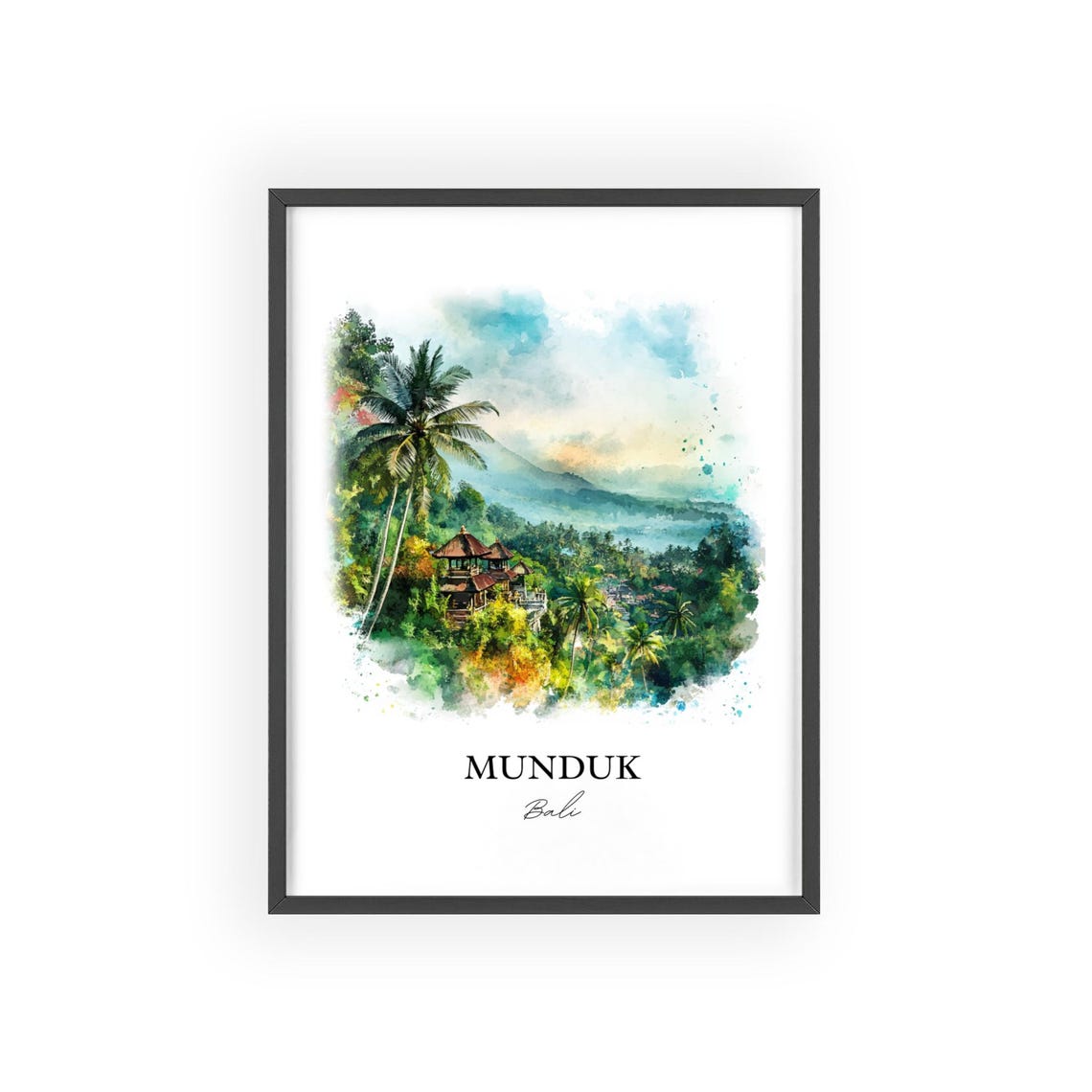 Munduk Bali Watercolor Mountain Temple Misty Jungle Art Poster - Image 2