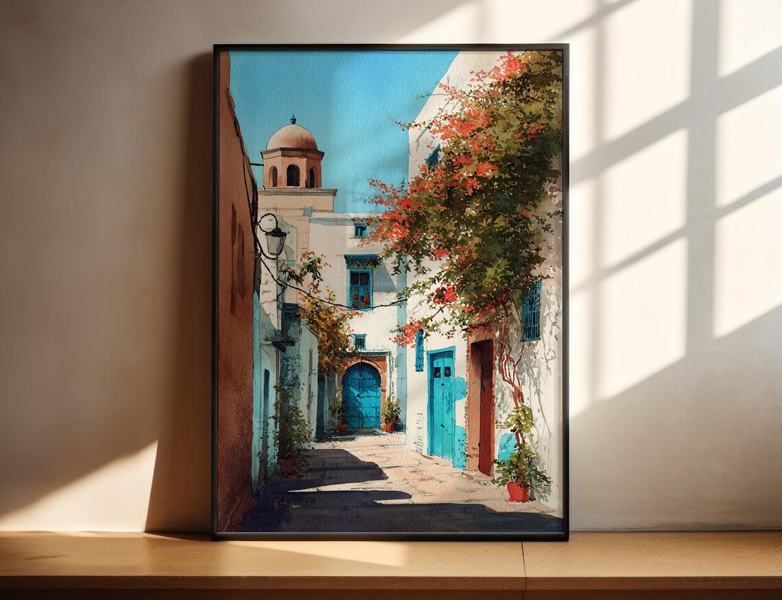 Tunis Tunisia Blue Door Medina Street Watercolor Travel Art Poster