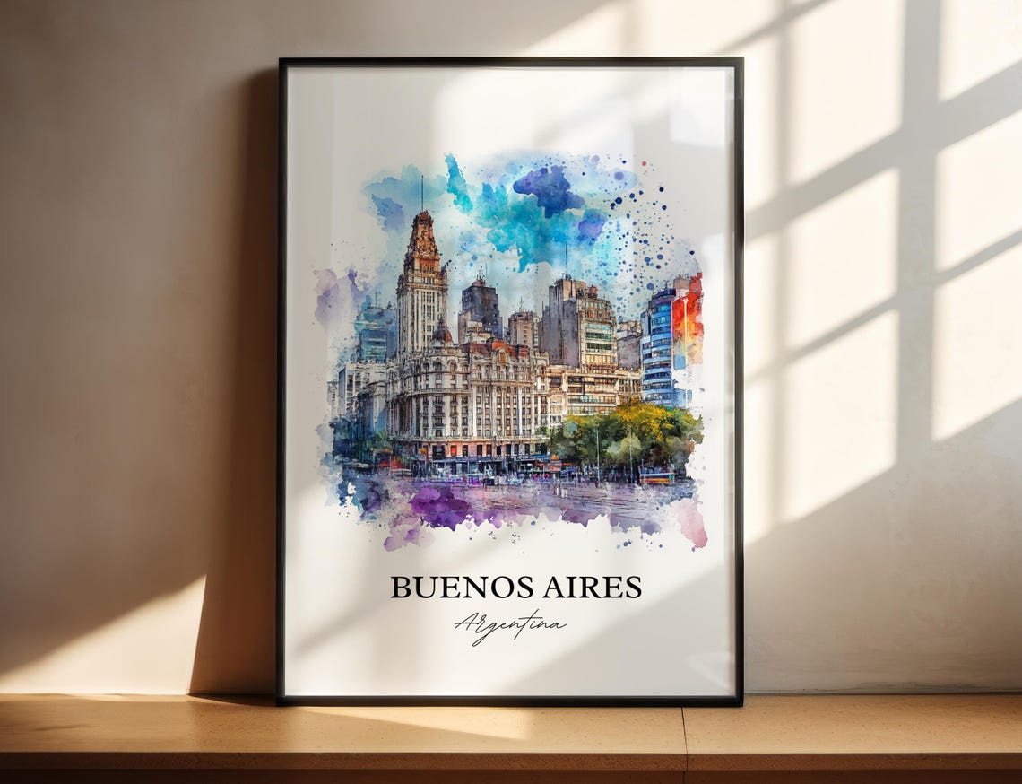 Buenos Aires Argentina Historic Avenue Skyline Watercolor Wall Art